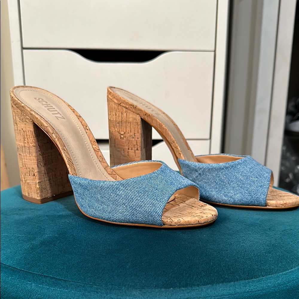 Schutz Blue Denim Cork Heel Mules